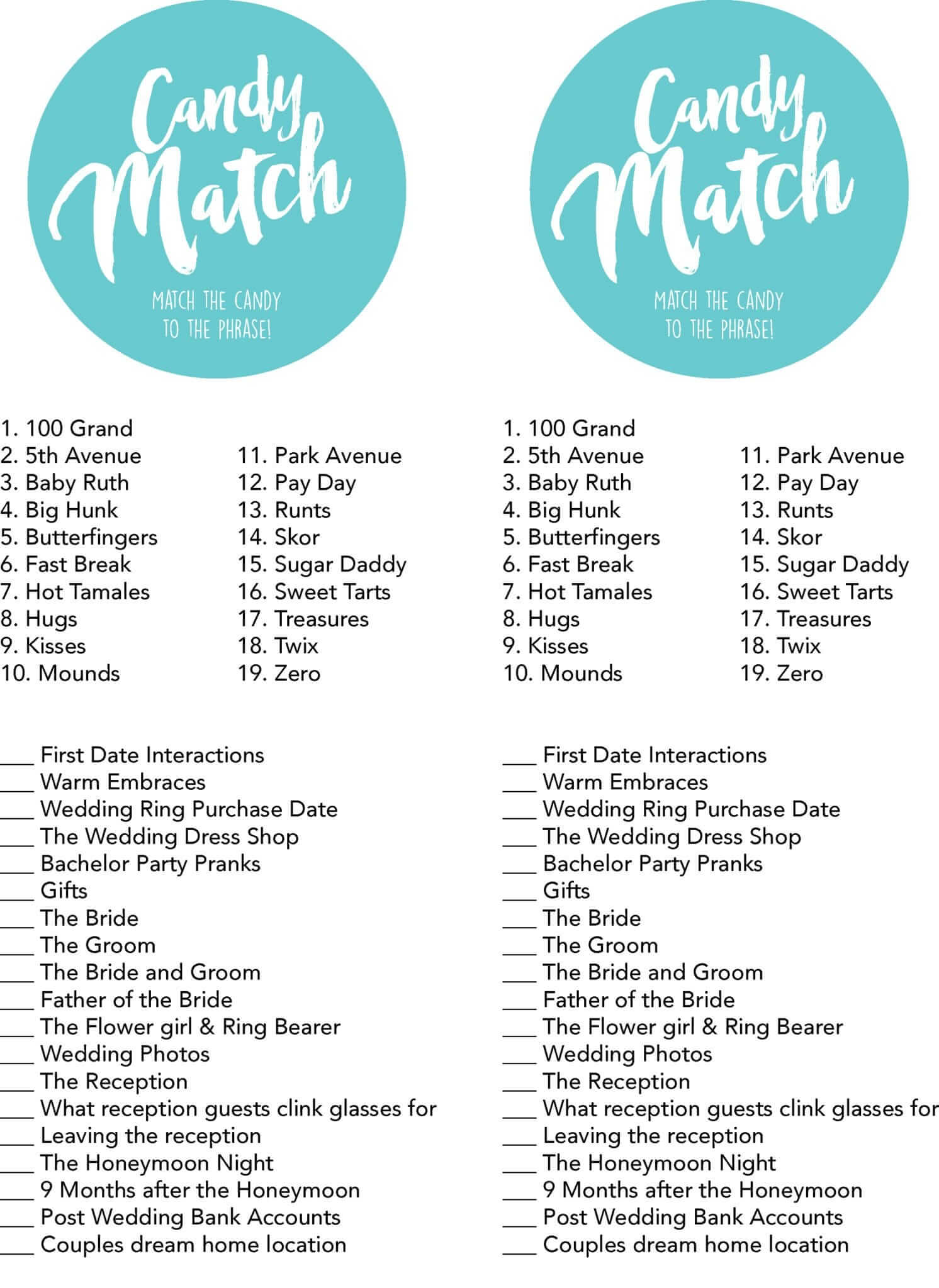 bridal shower games free printables 