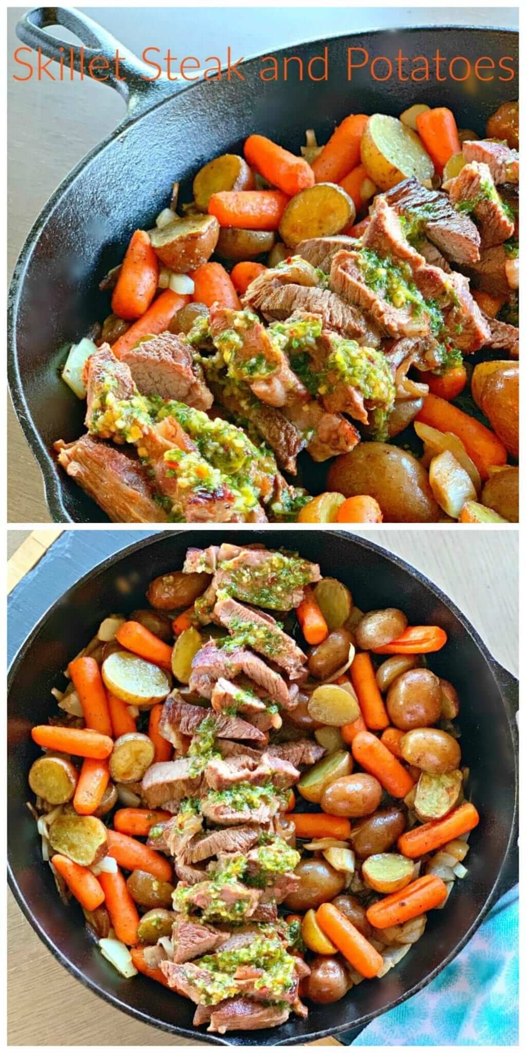 skillet steak with potatoes and carrots