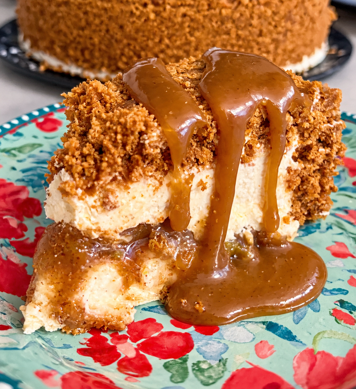 Upside Down Caramel Apple Biscoff Cheesecake